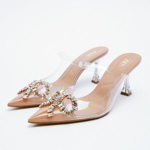 Zara Shimmery Vinyl Mules with Bow - Natural